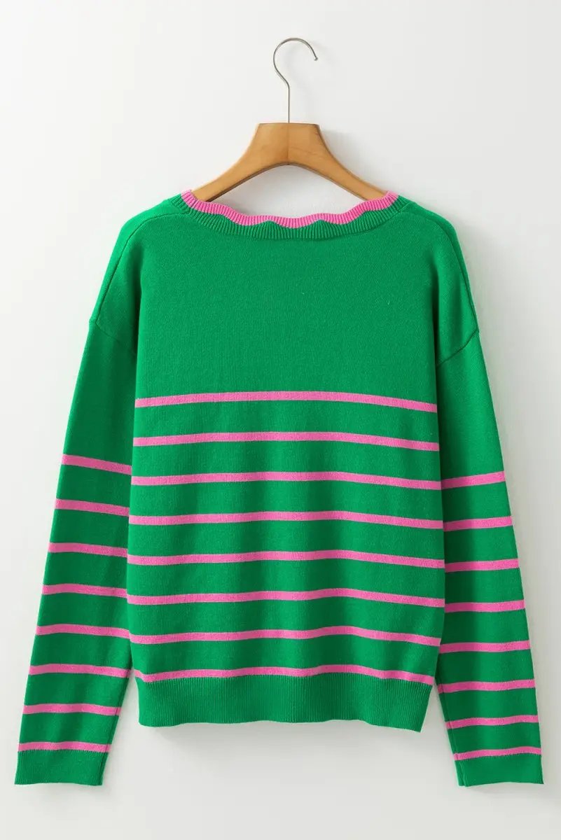 Green Stripe Ribbon Cute Bow Detail Sweater Knit Cardigan - Love Salve